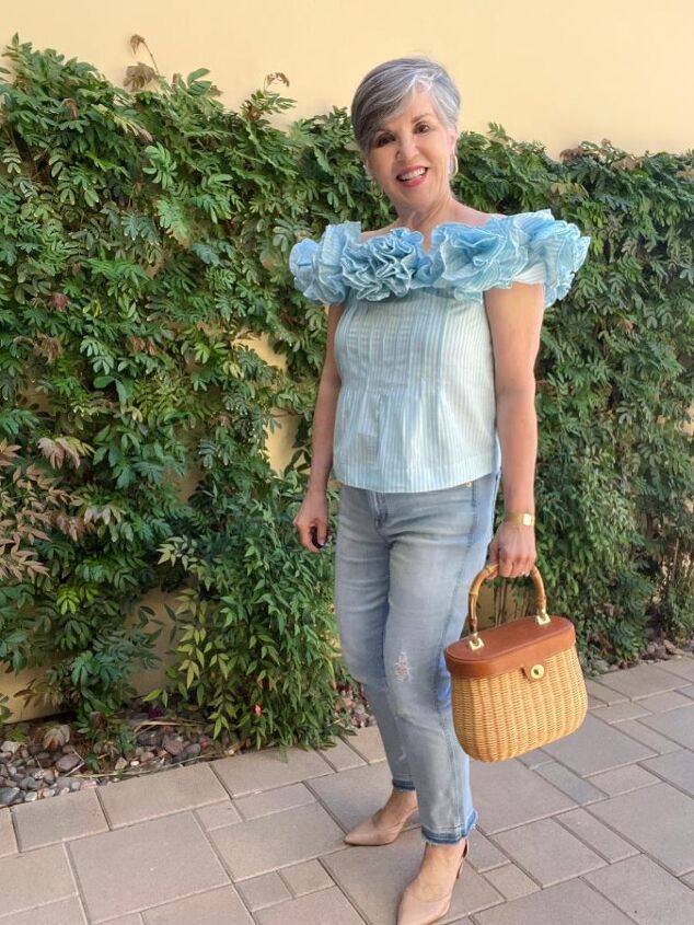 four spring date night outfits, here is the third spring date night outfit The pale blue sleeveless top is flattering and paired with medium wash jeans and nude pumps My J McLaughlin bag is wicker and leather