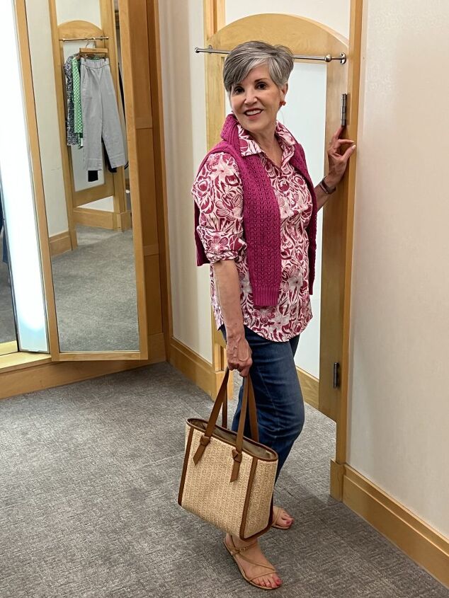 cute spring looks from talbots friends and family 2023, Terrific Talbots Friends and Family 2023 look Pretty violet cotton sweater over a coordinating print cotton blouse The cropped denim jeans are a medium wash and the tote is a leather trimmed tan knit bag Cute Casual Spring Outfit