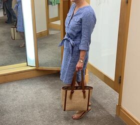 cute spring looks from talbots friends and family 2023, Here is a pretty 100 linen blue chambray popover dress with a self belt Again I am using the natural Talbots tote and tan flat sandals