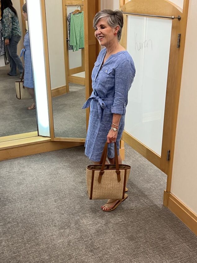 cute spring looks from talbots friends and family 2023, Here is a pretty 100 linen blue chambray popover dress with a self belt Again I am using the natural Talbots tote and tan flat sandals