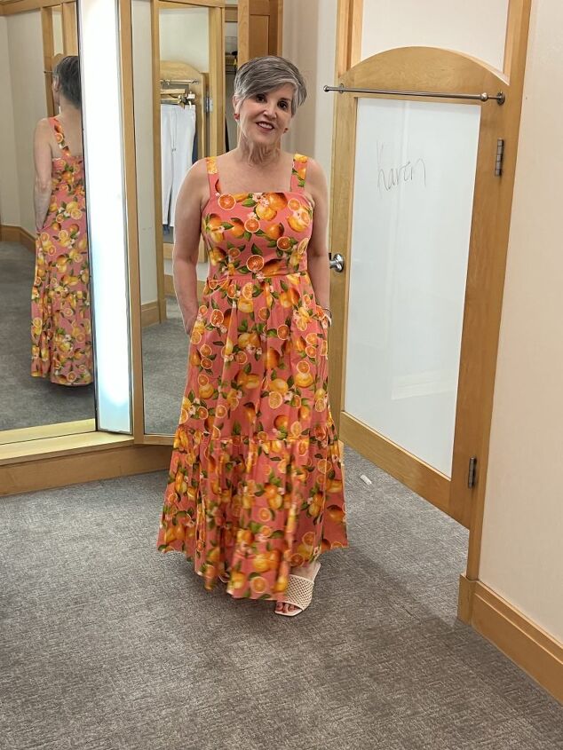 cute spring looks from talbots friends and family 2023, Here I am wearing a full length 100 cotton sundress in a fun orange slice print The straps are wide enough for bra coverage