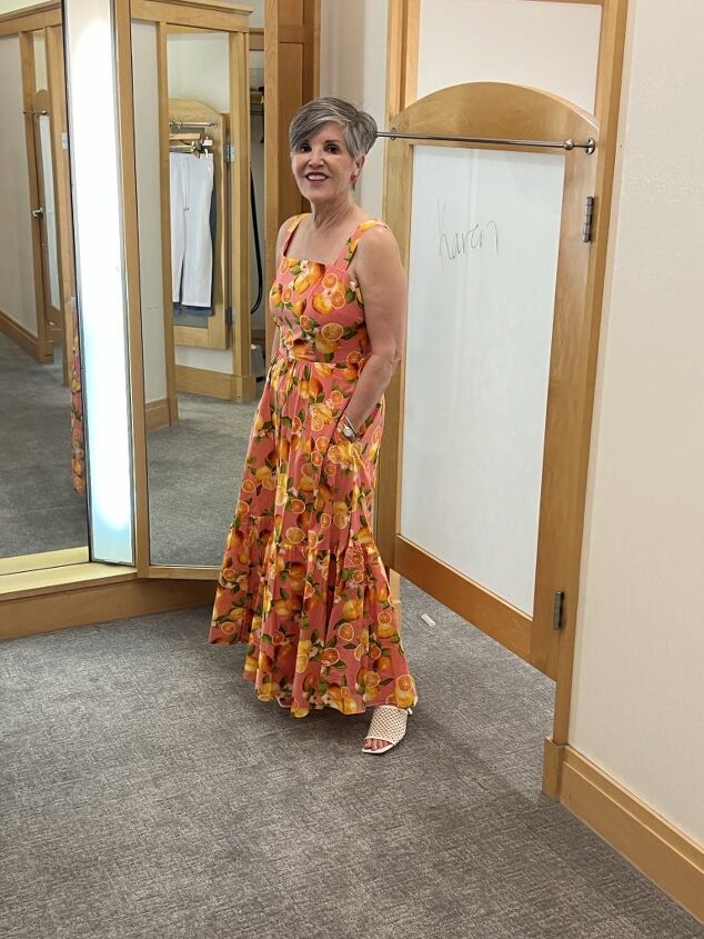 cute spring looks from talbots friends and family 2023, Here I am wearing a full length 100 cotton sundress in a fun orange slice print The straps are wide enough for bra coverage This is an angled view
