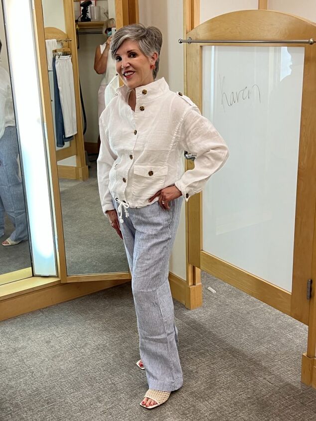 cute spring looks from talbots friends and family 2023, Talbots blue linen pants and white linen drawstring jacket