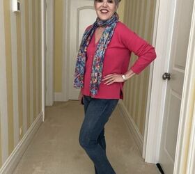 what to wear in chicago in spring, This is my second travel day look I paired a pink boyfriend cardigan with a J McLaughlin floral scarf medium wash straight leg jeans and tan suede booties