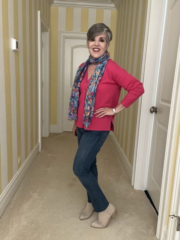what to wear in chicago in spring, This is my second travel day look I paired a pink boyfriend cardigan with a J McLaughlin floral scarf medium wash straight leg jeans and tan suede booties