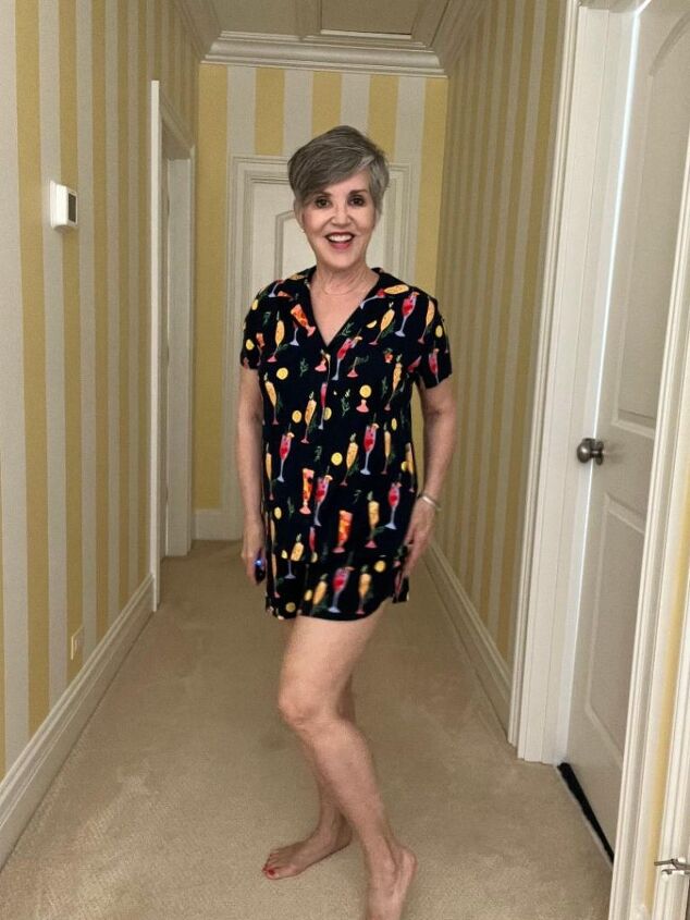 what to wear in chicago in spring, Terrific Soma pajama top and shortie bottoms with a darling champagne glass print all over the top has a notched collar The bottoms have a curved hem