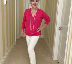 what to wear in chicago in spring, This pink cashmere boyfriend sweater is worn over white pointe knit pants and nude pumps I added a pearl necklace bracelet and a gold watch