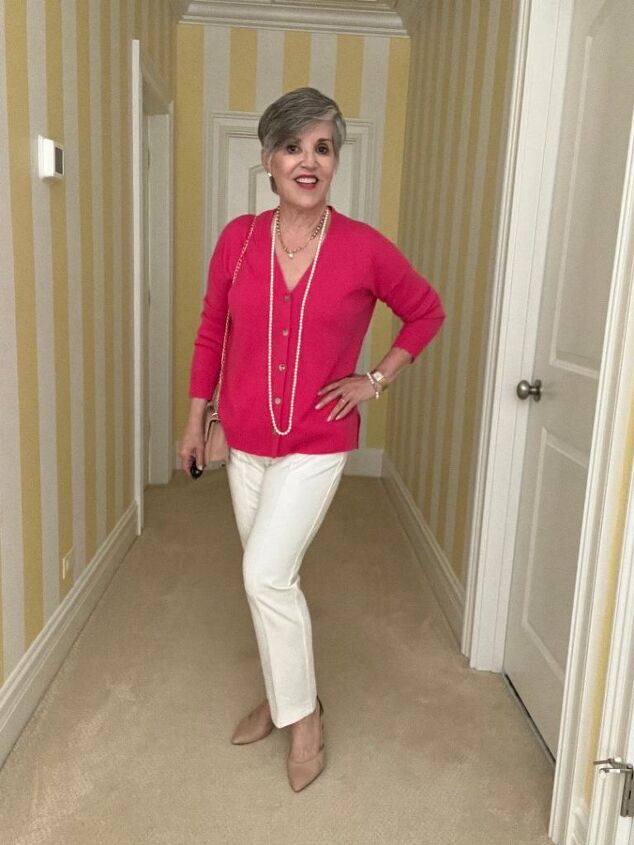 what to wear in chicago in spring, This pink cashmere boyfriend sweater is worn over white pointe knit pants and nude pumps I added a pearl necklace bracelet and a gold watch
