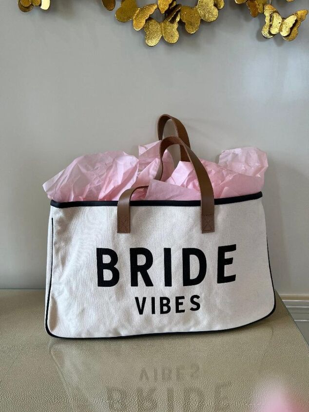 what to wear in chicago in spring, A darling tote for Rachel with the words Bride vibes on the front