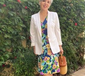 what to wear in chicago in spring, Me in my royal blue floral Maggy London knee length dress and white linen blazer My sandals are light cream ankle straps and my bag is a wicker and leather one from J McLaughlin