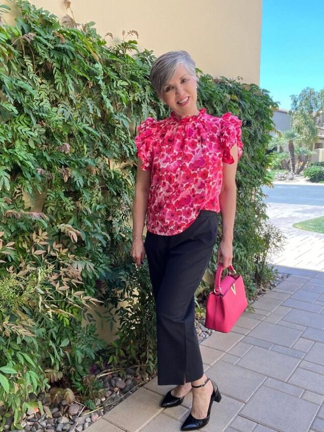 what to wear in chicago in spring, A darling pink ruffled sleeve top by Avara worn over black cropped pants and black pumps My purse is hot pink and also from Avara