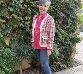 four ways to style a tweed jacket for spring, What to wear with a tweed jacket Here I am in this plaid tweed jacket with a magenta pink shirt under it as well as medium wash straight leg jeans I m wearing a pearl necklace and nude pumps for this very ladylike look