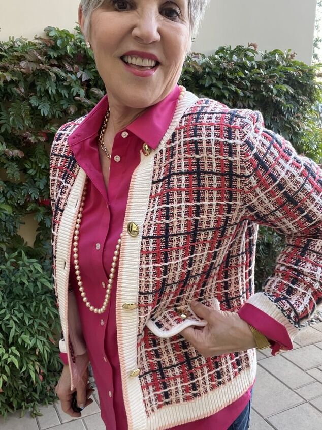 four ways to style a tweed jacket for spring, What to wear with a tweed jacket Here I am in this plaid tweed jacket with a magenta pink shirt under it as well as medium wash straight leg jeans I m wearing a pearl necklace and nude pumps for this very ladylike look Her is a close up of the brass buttons on the jacket as well as the gold necklace and pearls
