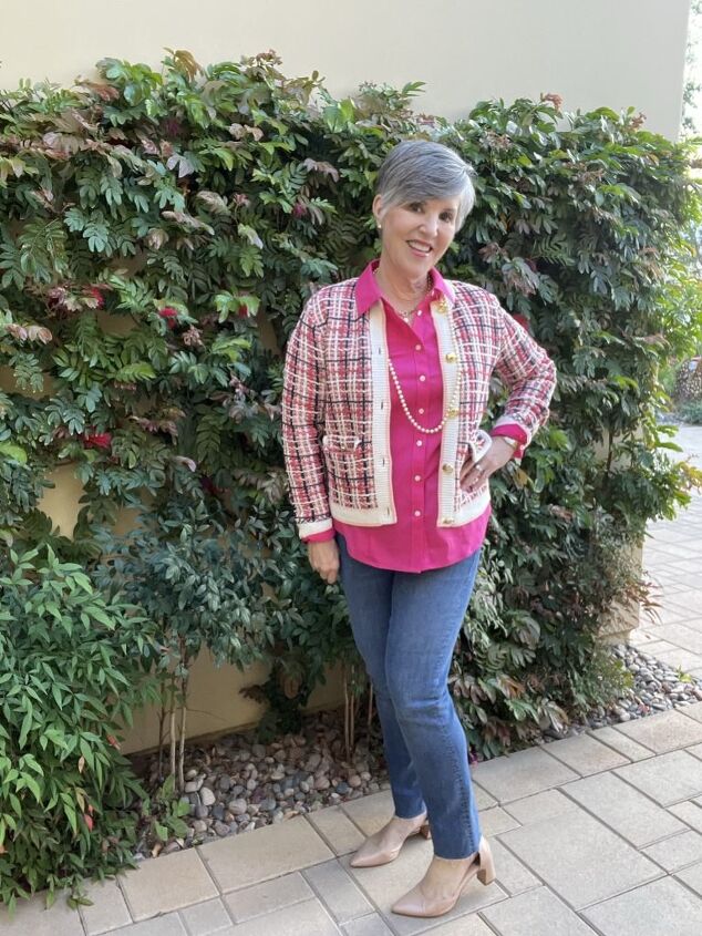 four ways to style a tweed jacket for spring, What to wear with a tweed jacket Here I am in this plaid tweed jacket with a magenta pink shirt under it as well as medium wash straight leg jeans I m wearing a pearl necklace and nude pumps for this very ladylike look Her is a close up of the brass buttons on the jacket as well as the gold necklace and pearls Lastly I am wearing nude D ordsay pumps