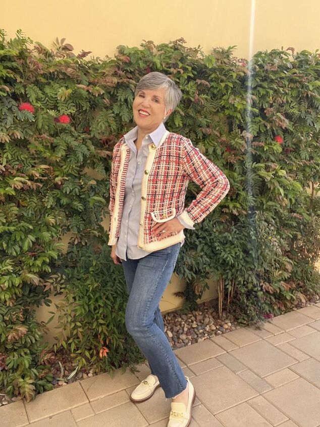 four ways to style a tweed jacket for spring, Here is a more casual way to style a syle a tweed jacket I am wearing a blue pin striped shirt untucked and with the cuffs rolled up a bit under the plaid jacket with the same jeans as the first outfit I switched the pumps out for nude loafers