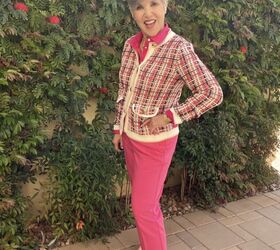 four ways to style a tweed jacket for spring, This is the dressiest way I styled this tweed jacket for spring I wore a pink shirt and a coordinating pink pair of pants again with nude heels Very elongating look