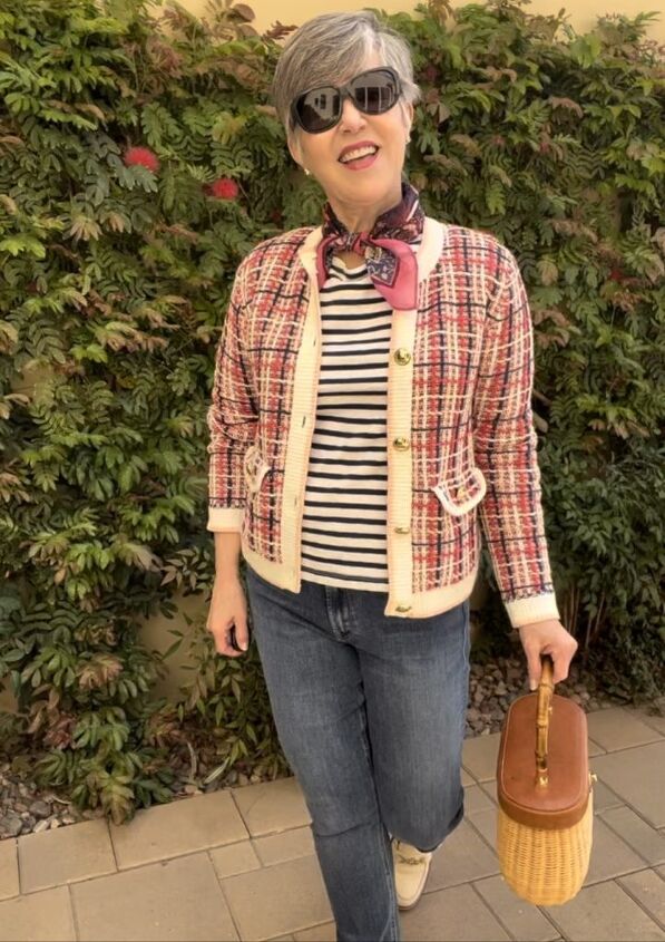 four ways to style a tweed jacket for spring, Here s the last look with the plaid jacket paired with a J Crew Beton striped tee I added a bandana from Sundance catalog as well as my Mother Dazzler jeans and the cream loafers