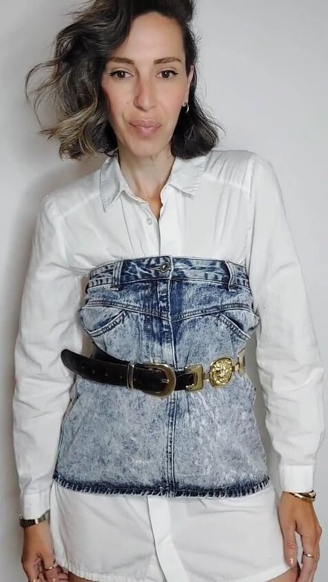 use a blue jean skirt for this iconic 90s denim on denim look, Use a blue jean skirt for this iconic 90s denim on denim look