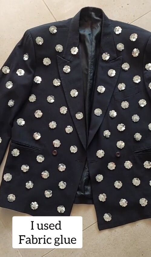 do this to a thrifted blazer to add life to it, Gluing sequins to blazer