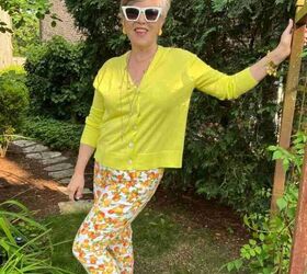 casual mom outfits, Here I am wearing one of several casual mom outfits with a citron cotton cardigan and orange and lemon print pants