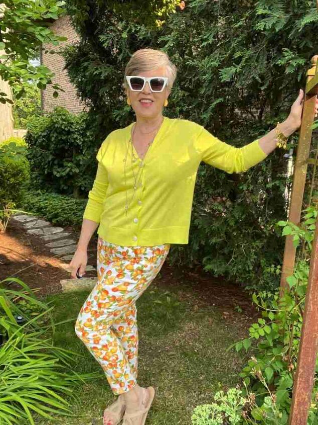casual mom outfits, Here I am wearing one of several casual mom outfits with a citron cotton cardigan and orange and lemon print pants