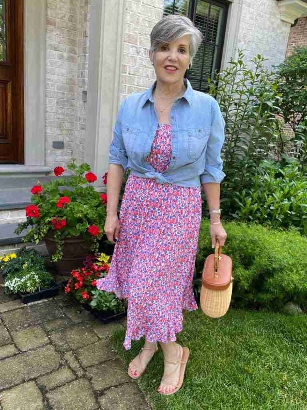 casual mom outfits, Here I am wearing a pretty J Crew red white and blue sleevless dress with a denim shirt tied over it Again I am wearing the J McLaughlin wicker bag and nude sandals