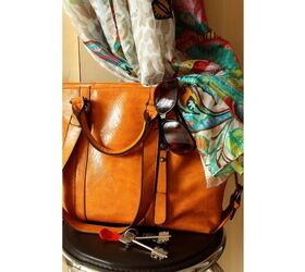how to tie and style a scarf on your handbag or purse, a brown purse with a scarf and sunglasses
