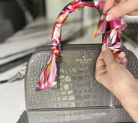 how to tie and style a scarf on your handbag or purse, Tying a knot after wrapping a purse handle with a scarf