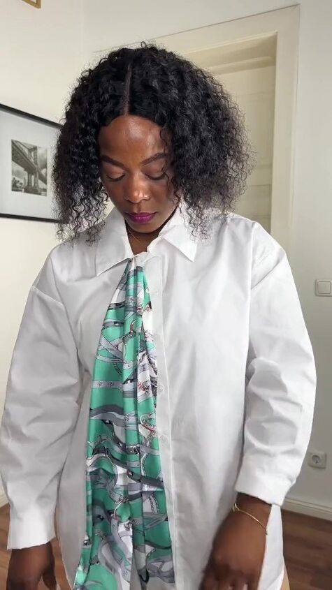 this scarf hack pairs perfect with a button down, Pulling scarf through