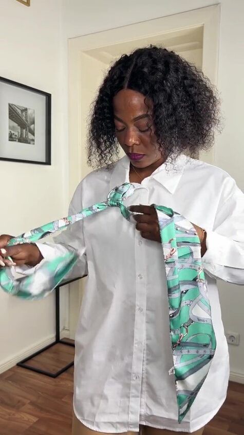 this scarf hack pairs perfect with a button down, Knotting