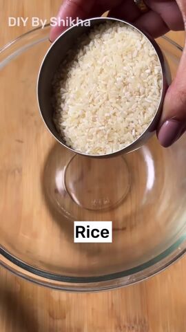 2 ingredients for this easy skin brightening facial, Adding rice to bowl