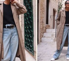 italian outfit ideas, Trench coat sweater wide leg jeans sneakers