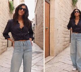 italian outfit ideas, Button up shirt wide leg jeans sneakers