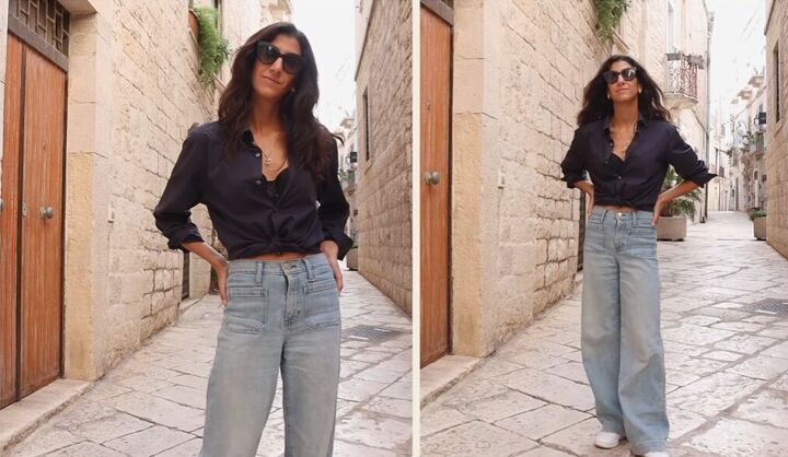 italian outfit ideas, Button up shirt wide leg jeans sneakers