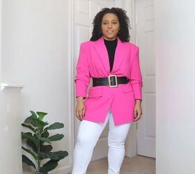 how to style a blazer casually, Belted pink blazer look