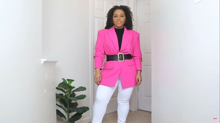 how to style a blazer casually, Belted pink blazer look