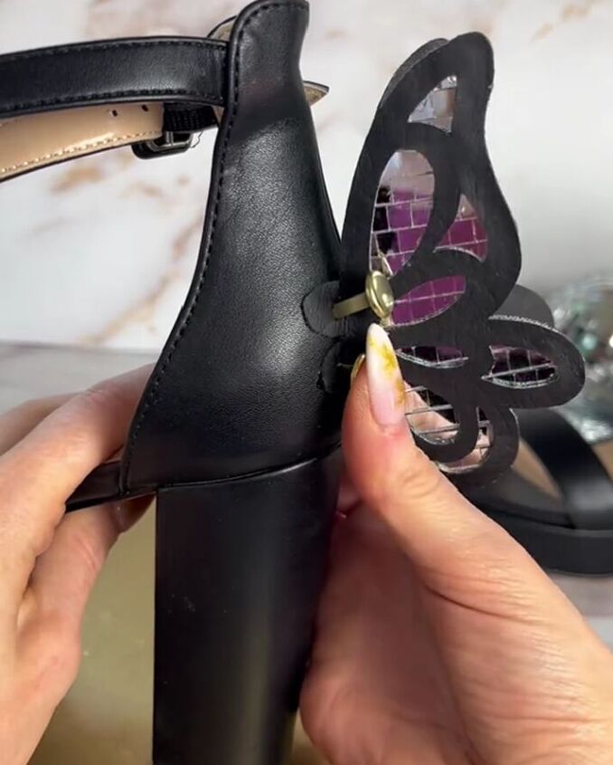 diy disco butterfly wings to add to your heels, Attaching wings to heels