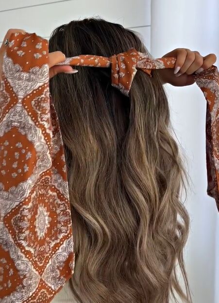 braided scarf hair tutorial perfect for fall, Adding hair scarf
