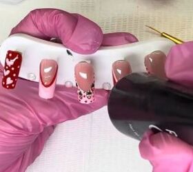 strawberry nail art, Adding rhinestone glue