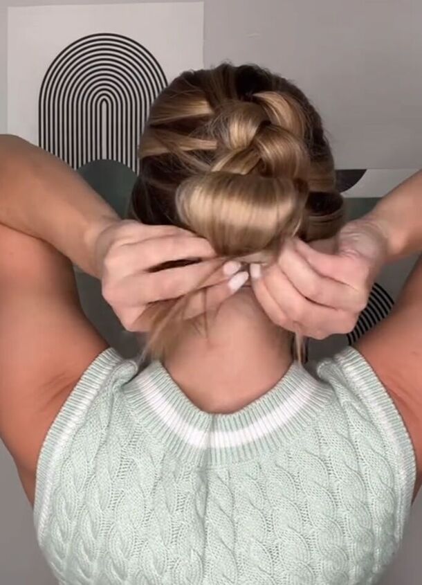 braided bun tutorial, Tucking in stray hairs