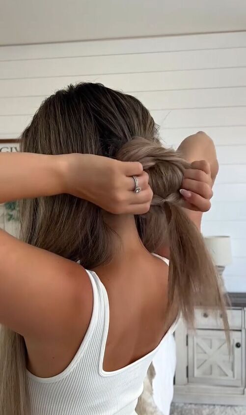 braided bun bridal hair tutorial, Twisting hair over bun