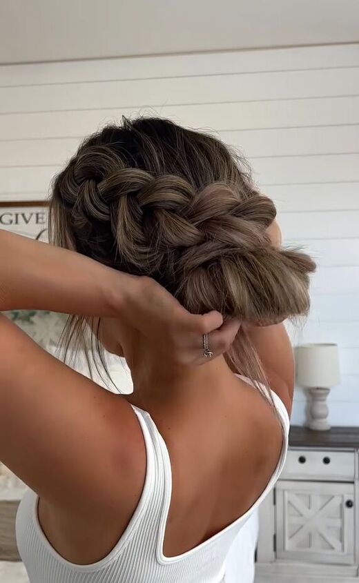 braided bun bridal hair tutorial, Tucking ends under
