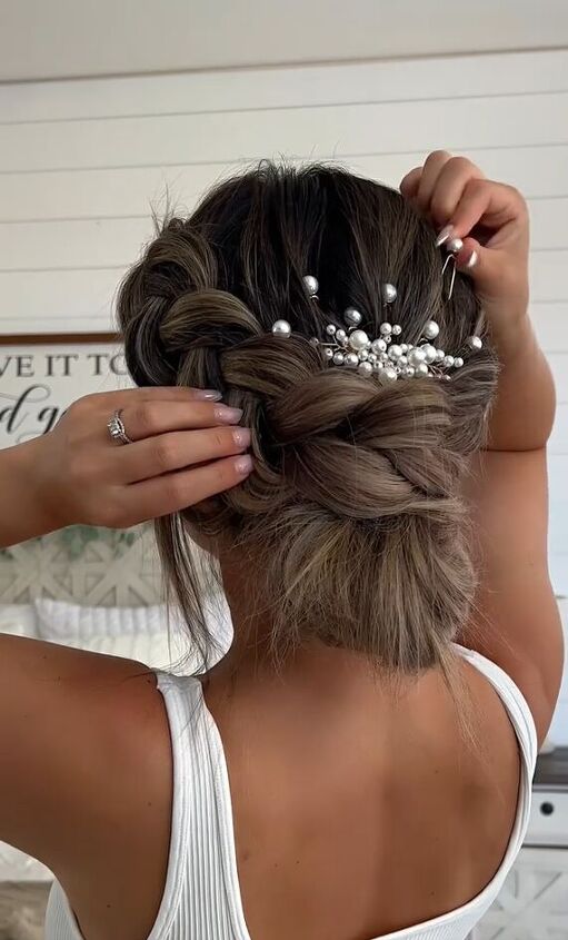 braided bun bridal hair tutorial, Adding pearl pins