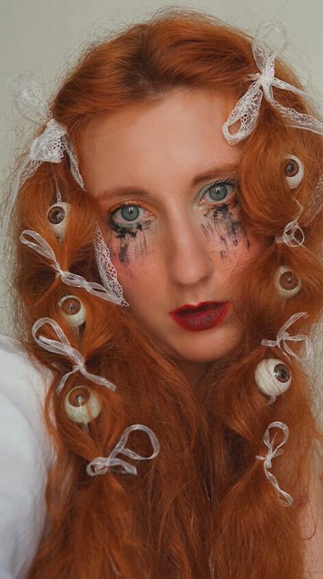 an easy halloween hairstyle to include eyeballs in your hair, Easy Halloween eyeball hairstyle