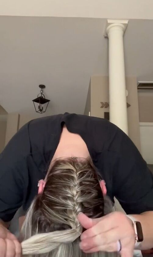 upside down braid with messy bun finish, Tying off bottom