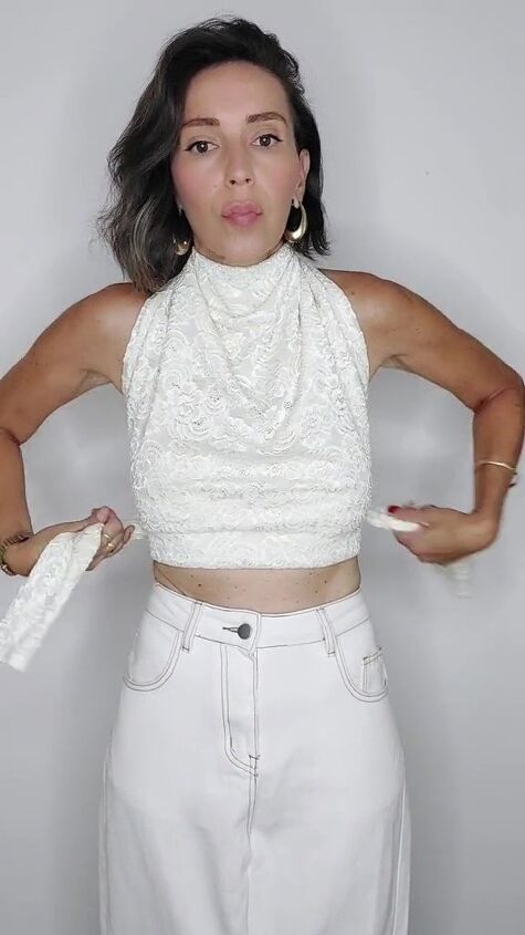 turn your outdated lace long sleeve into a chic new halter top, Tying at waist