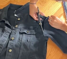 She cuts the sleeve off her denim jacket before doing this clever trick with a silk scarf