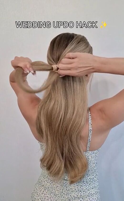 wedding updo hack for this sparkling look, Creating half ponytail