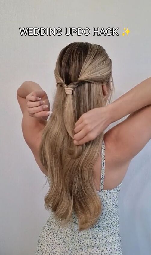 wedding updo hack for this sparkling look, Flipping half ponytail