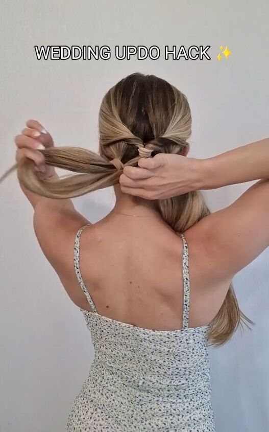 wedding updo hack for this sparkling look, Tying hair